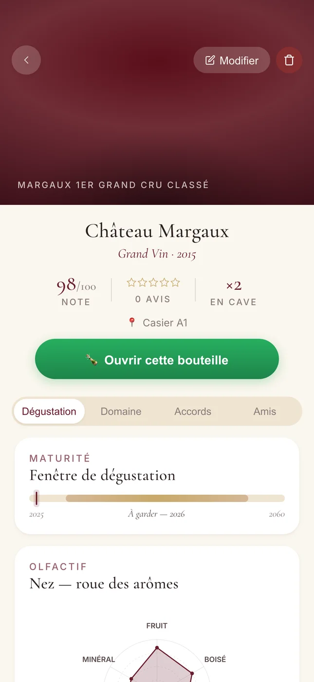 Capture de CAVE : la fiche d’un Château Margaux 2015 et sa fenêtre de dégustation.