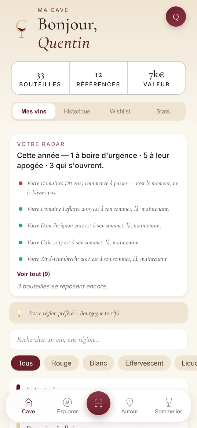 Capture de CAVE : l’écran « Ma cave » et le radar de l’année.