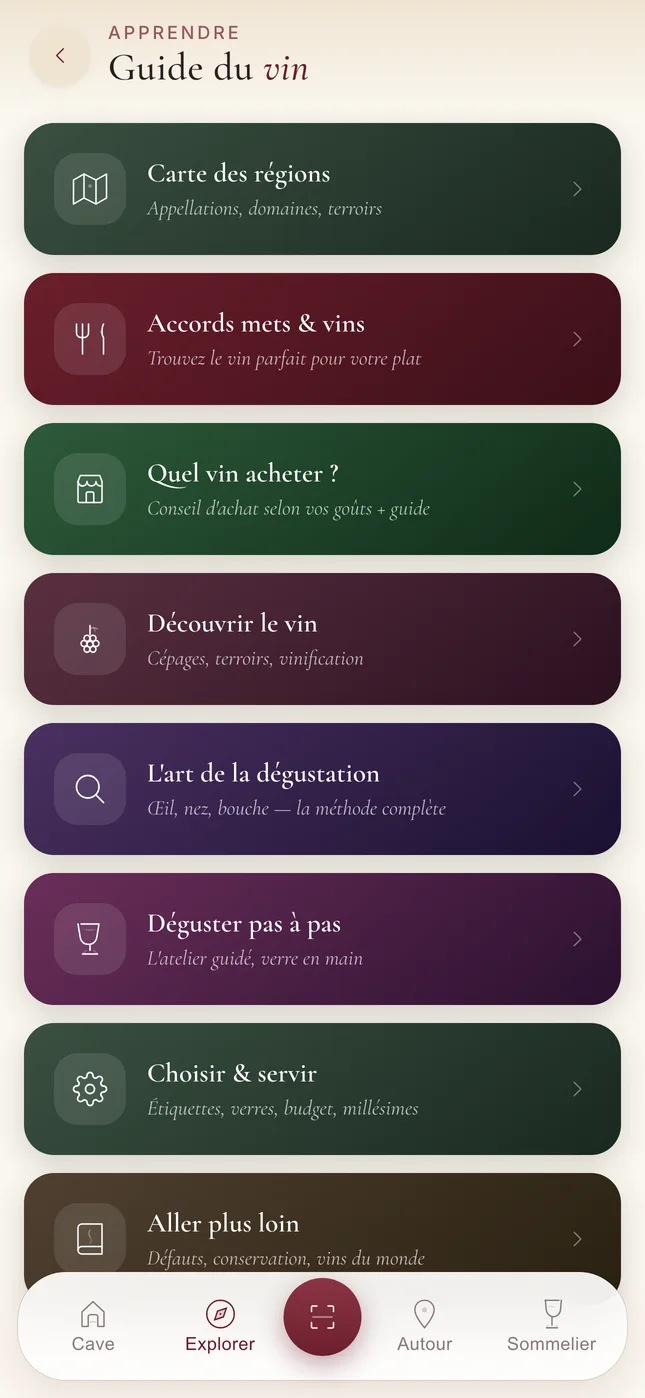 Capture de CAVE : le guide du vin — l’art de la dégustation, déguster pas à pas, accords mets et vins.