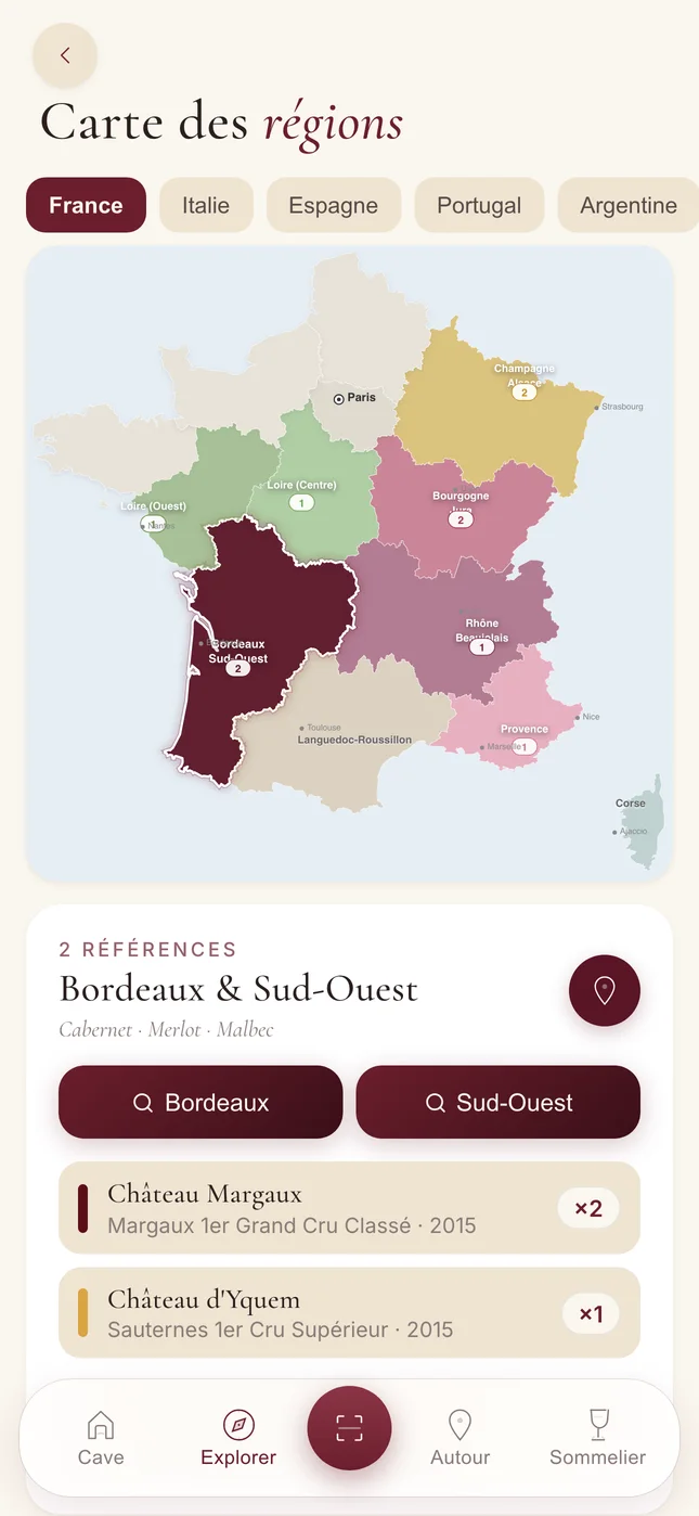 CAVE screenshot (French interface): the interactive map of French wine regions.