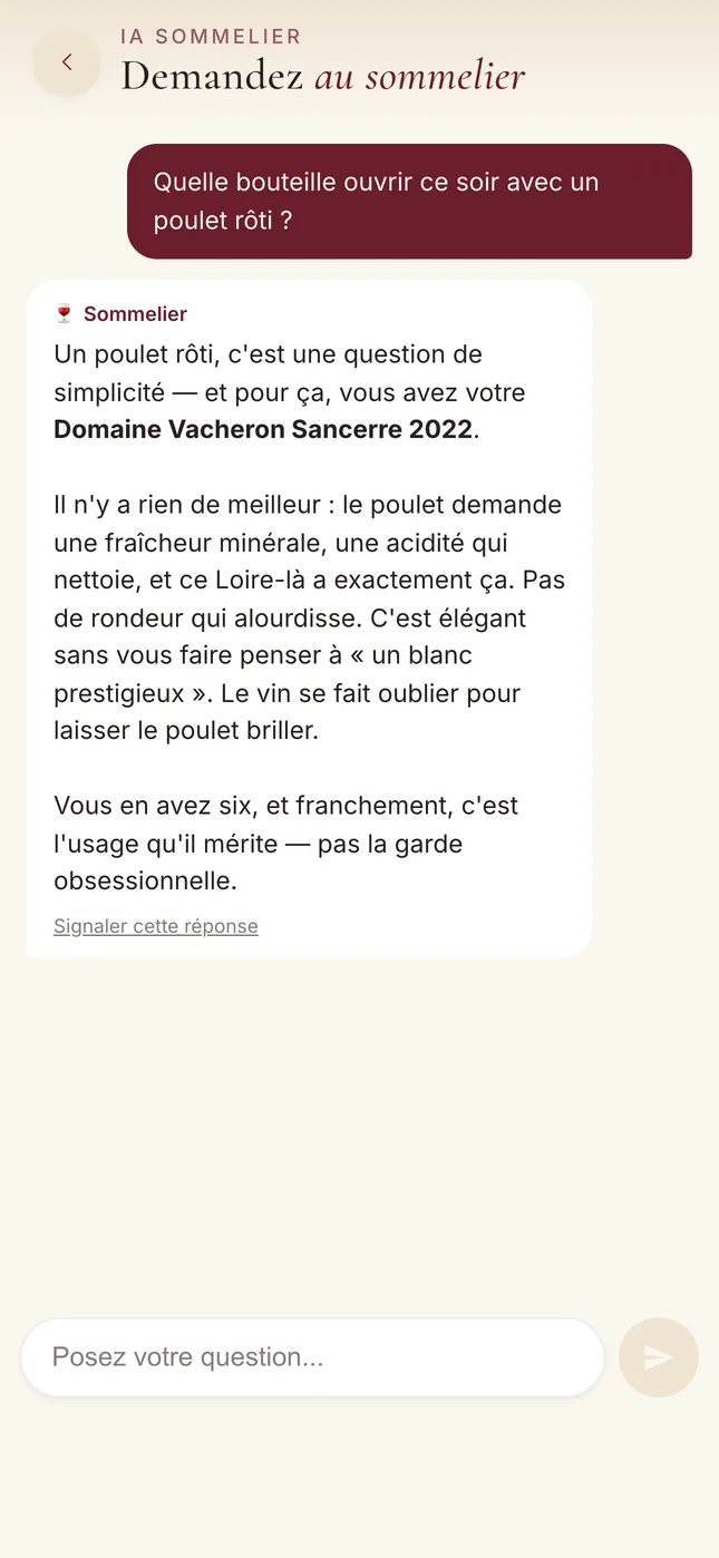 CAVE screenshot (French interface): asked what to open with roast chicken, the sommelier recommends the Sancerre 2022 from the cellar.